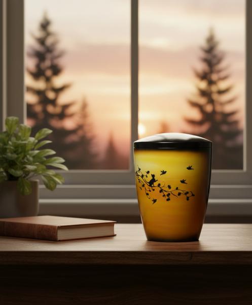 Yellow pet urn with cat and birds at sunset. A warm, dignified keepsake for your beloved darling. Create a stylish memorial at home – order yours today.